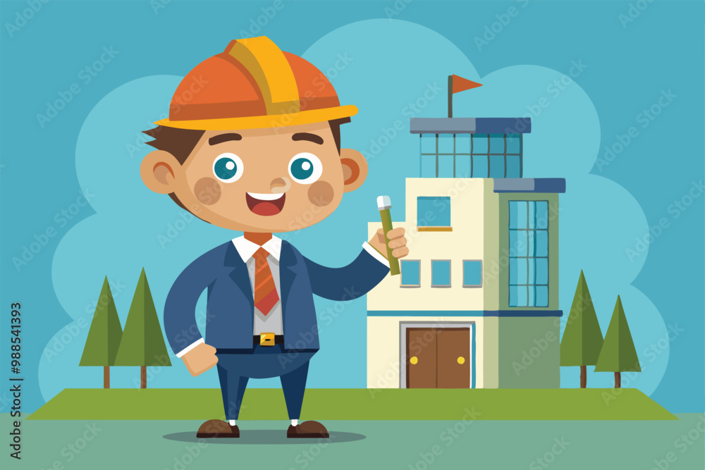The cheerful architect stands with a blueprint in hand, showcasing his design in front of a newly built structure, a cartoon character Architect