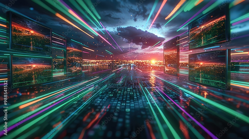 Small monitors showing various landscapes are transmitted at high speed along with green and purple linear light in a digital virtual space. Small monitors showing various landscapes are transmitted at high speed along with green and purple linear light in a digital virtual space.
