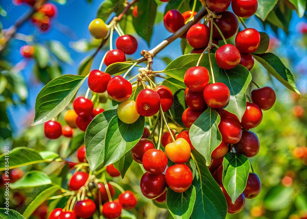 Vibrant green leaves adorn the capulin cherry tree, where red berries ripen to perfection in the warm, golden Vibrant green leaves adorn the capulin cherry tree, where red berries ripen to perfection in the warm, golden
