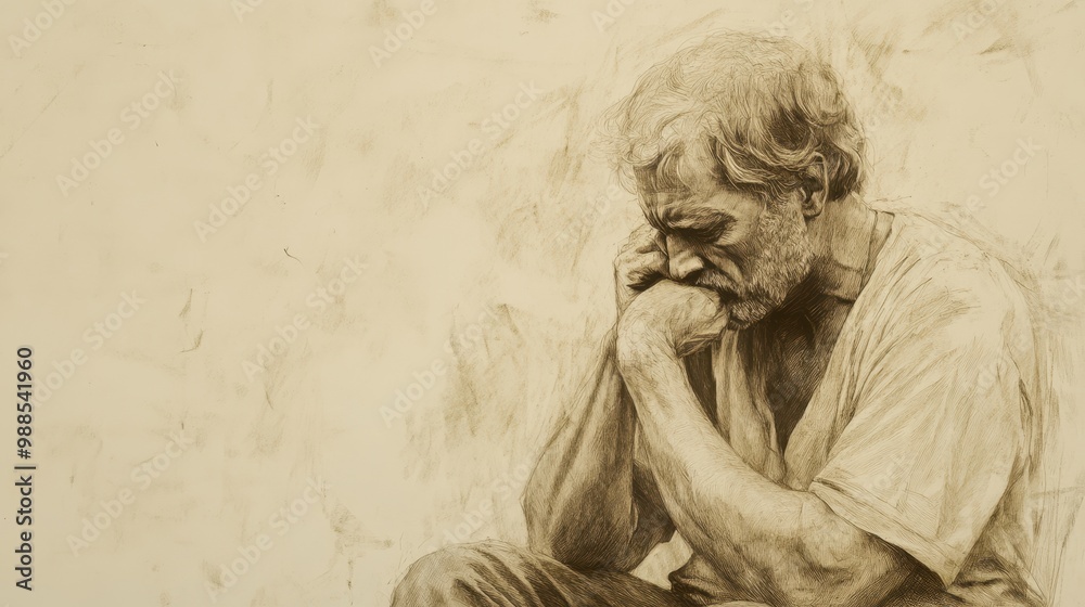Fototapeta premium Job’s Quiet Contemplation Illustrated - Reflecting on the Meaning of Suffering with a Mixture of Pain and Resilience, Beige Background
