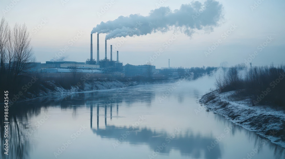 Fototapeta premium Industrial Plant by Polluted River at Dawn