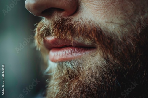 Man Lips. Close-Up of Male Lips, Caucasian Face with Charming Beard photo