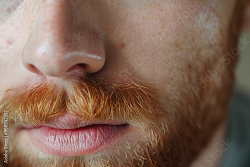 Man Lips. Male Face with Caucasian Features, Charming Boy with Beard