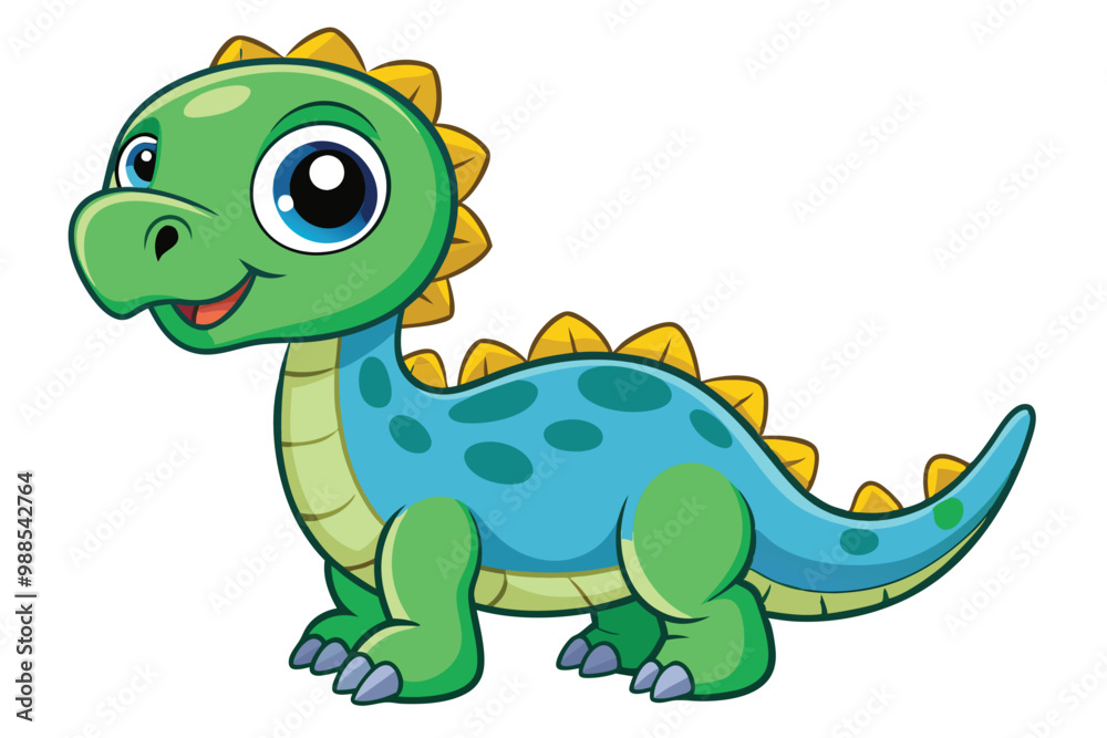 Fototapeta premium A playful baby dinosaur with big eyes smiles happily while exploring its colorful surroundings, a cartoon character baby dinosaur clipart