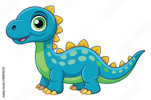 A lively baby dinosaur character smiles cheerfully with bright blue and green colors, a cartoon character baby dinosaur clipart