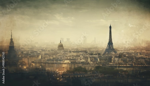 A moody and atmospheric Paris skyline with the iconic Eiffel Tower standing tall amidst a misty haze. The muted tones and distant buildings evoke a sense of nostalgia and timeless beauty in the city