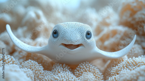 A cute baby stingray with a joyful expression, surrounded by soft coral, showcasing the wonders of marine life. photo