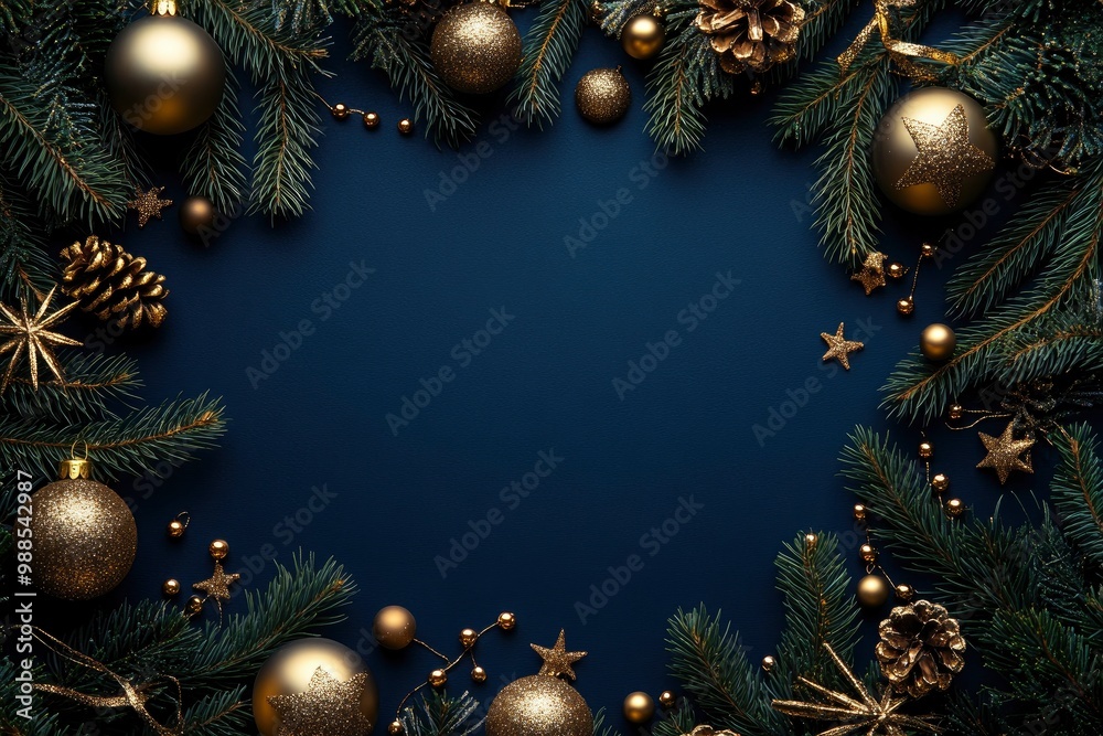 Christmas card. Frame borders made of gold balls, decorations, fir branches on dark blue background. Luxury style with generative ai