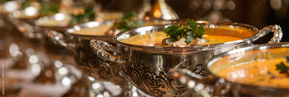 Ornate silver tureens with cream of mushroom soup. Victorian dining room scene. with space for text Ornate silver tureens with cream of mushroom soup. Victorian dining room scene. with space for text