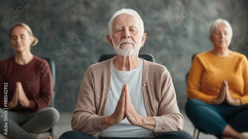 Group of elderly friends in a chair yoga class, supporting each other while doing seated poses, Senior friends, chair yoga, support