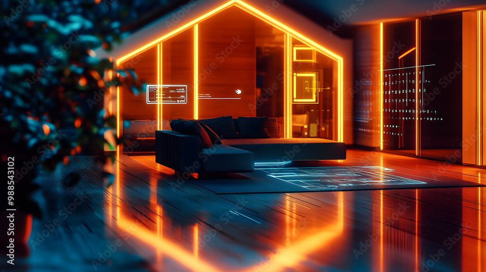A futuristic AI-powered home automation system with voice control and real-time adjustments set in a tech-inspired environment A futuristic AI-powered home automation system with voice control and real-time adjustments set in a tech-inspired environment