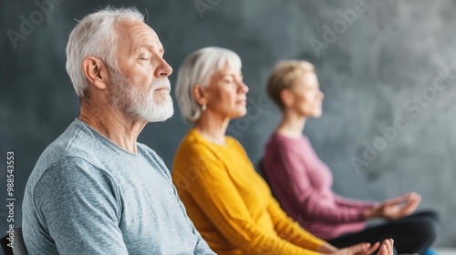 Group of seniors practicing seated breathing exercises, instructor leading them through mindfulness, Elderly group, breathing techniques, chair yoga photo