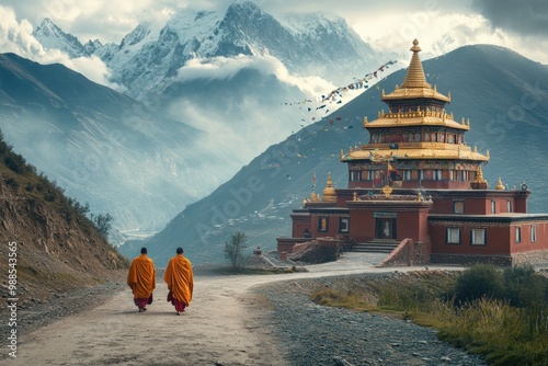 A serene Buddhist monastery in the mountains of Tibet, with monks in saffron robes walking in meditation, colorful prayer flags fluttering in the wind, and a massive golden Buddha statue in the distan