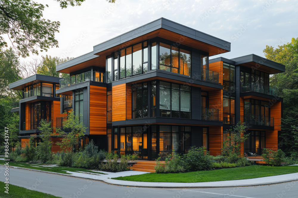 Fototapeta premium A modern apartment complex with bold, angular designs and a mix of glass, wood, and steel materials,