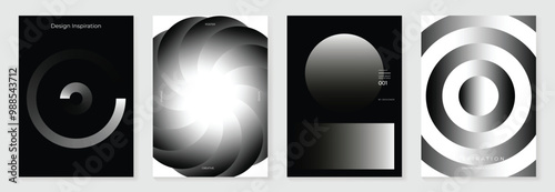 Abstract monochrome gradient poster background vector set. Modern cover template with black and white perspective geometric prism shapes. Ideal design for social media, banner, ads.