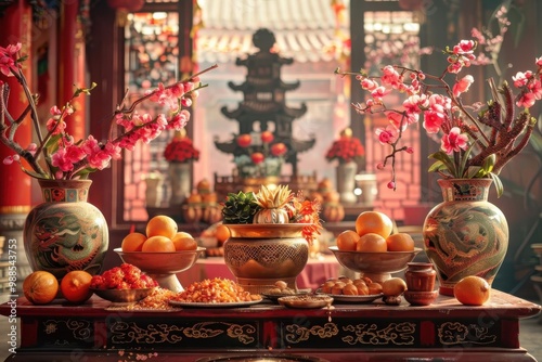 Beautiful traditional Chinese altar with vibrant decorations, fruits, and flowers for celebration in an ornate temple, rich in culture and heritage. photo