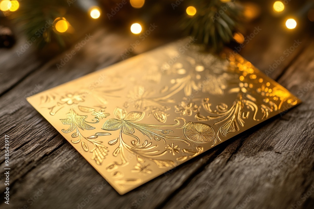 Fototapeta premium Luxury holiday greeting card with gold foil design on rustic wooden table
