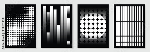 Abstract monochrome gradient poster background vector set. Modern cover template with black and white perspective geometric  prism shape, halftone dot. Ideal design for social media, banner, ads.