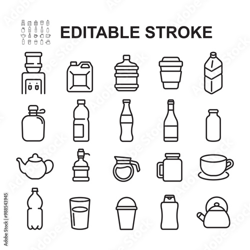Set of Simple Water Container Related Vector Line Icons. Contains Icons like Bottle, Teapot, Water Tap and more.