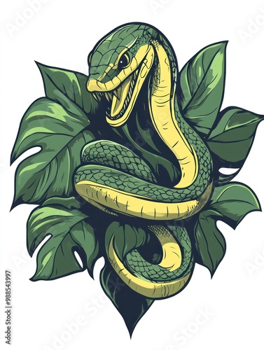 A green snake with fangs bared, coiled around tropical leaves. photo