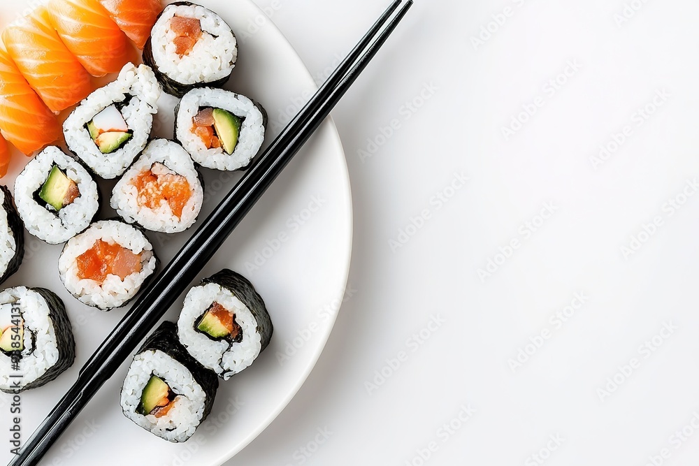 Assorted sushi rolls on white plate with chopsticks Assorted sushi rolls on white plate with chopsticks