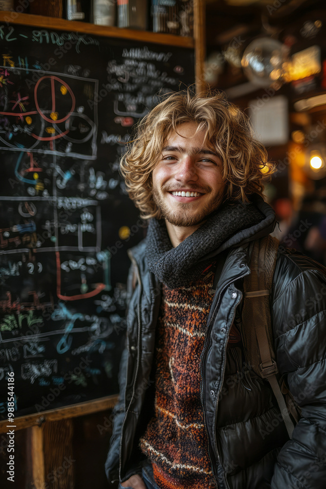 Obraz premium A student standing in front of a blackboard, smiling as they solve a complex problem,