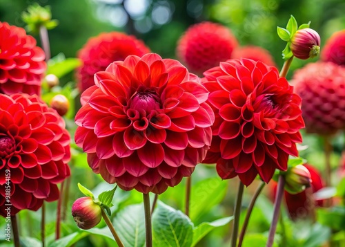Vibrant red Dalia pinnata blooms on a verdant stem, a striking symbol of Mexico's national pride.