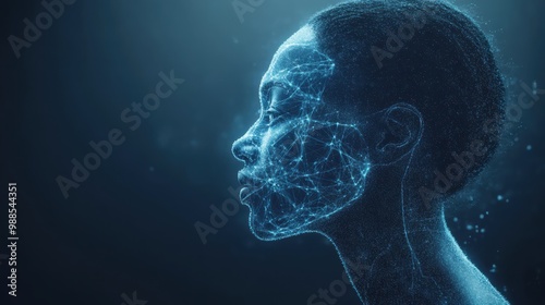 Digital wireframe face profile with neural network, futuristic AI technology concept, artificial intelligence, data visualization, advanced machine learning, innovation, human-machine interface