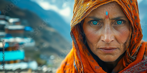 Close-up portrait of an Indinan woman's face with a round blue bindi on her forehead photo