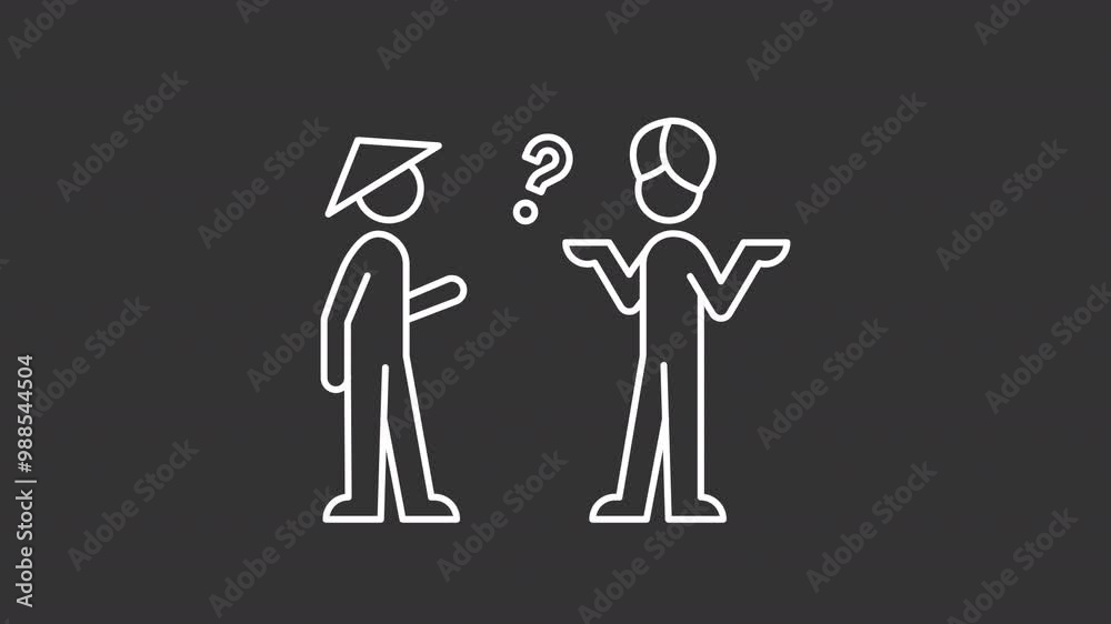 Talk barriers white line animation. Misunderstanding animated icon. Question mark, showing up. Culture differences. Isolated illustration on dark background. Transition alpha video. Motion graphic Talk barriers white line animation. Misunderstanding animated icon. Question mark, showing up. Culture differences. Isolated illustration on dark background. Transition alpha video. Motion graphic