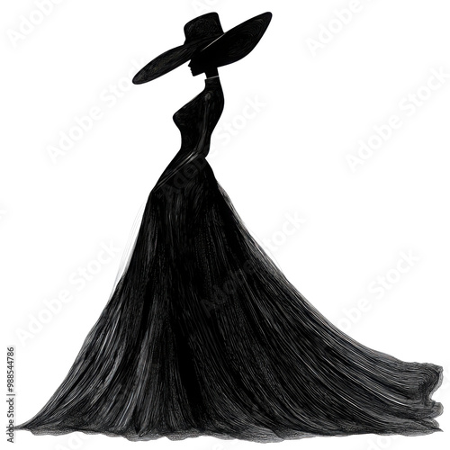 Elegant silhouette of a woman in a flowing black dress and wide-brimmed hat. photo