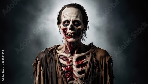 A man dressed as a zombie, with torn clothes and gory makeup, staring blankly into the camera, captured with dark, dramatic lighting to amplify the horror element photo