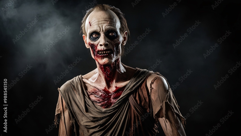 A man dressed as a zombie, with torn clothes and gory makeup, staring blankly into the camera, captured with dark, dramatic lighting to amplify the horror element A man dressed as a zombie, with torn clothes and gory makeup, staring blankly into the camera, captured with dark, dramatic lighting to amplify the horror element
