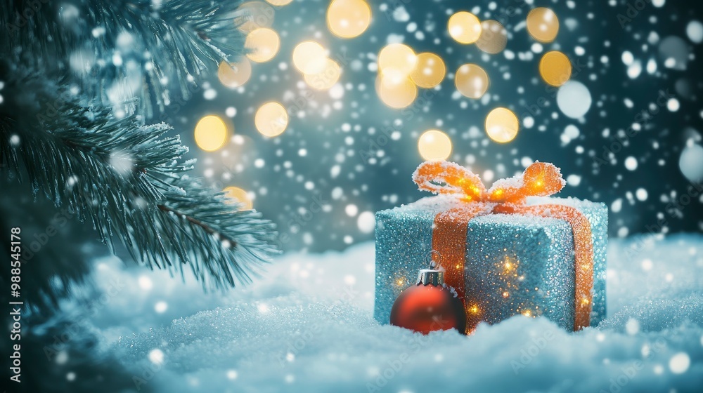 Christmas Card - Gift On Snow - Blue Snowing With Bokeh Lights And Ornament In Fir Branch with generative ai Christmas Card - Gift On Snow - Blue Snowing With Bokeh Lights And Ornament In Fir Branch with generative ai