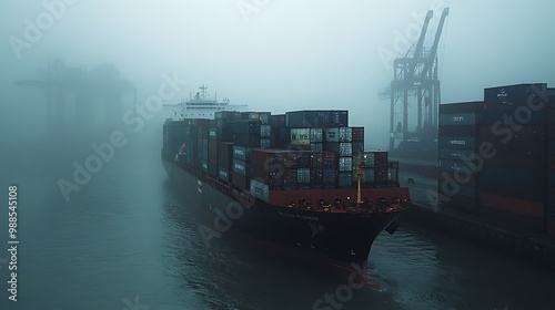 Cargo Ship in Foggy Harbor - Photo