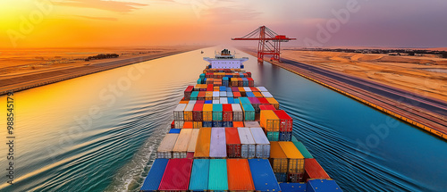 Vibrant sunset over a container ship navigating through a canal, showcasing colorful cargo containers and tranquil waters.