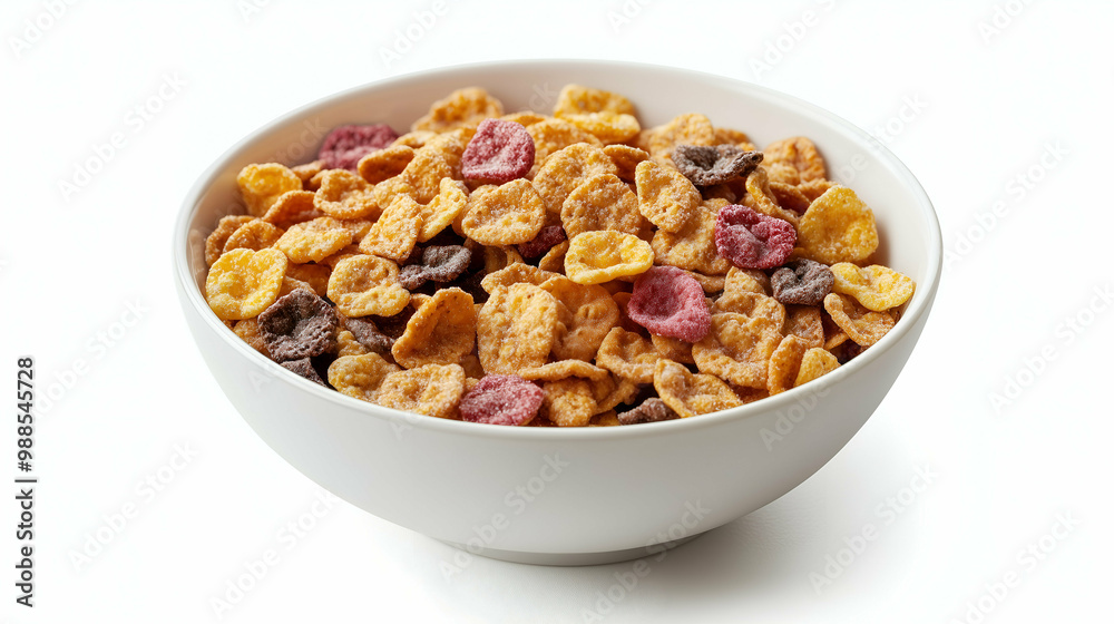 A white bowl filled with colorful multigrain cereal flakes, featuring a mix of yellow, red, and brown pieces. Perfect for a quick, nutritious breakfast or snack. A white bowl filled with colorful multigrain cereal flakes, featuring a mix of yellow, red, and brown pieces. Perfect for a quick, nutritious breakfast or snack.