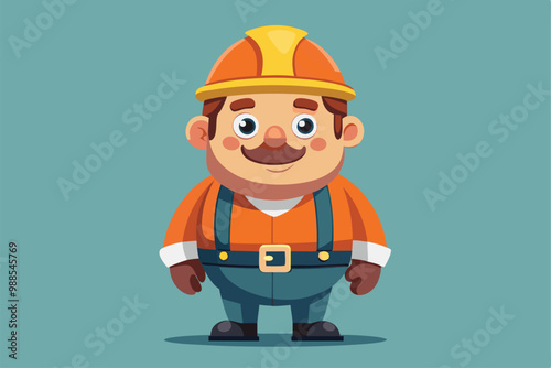 A friendly builder character dressed in a bright uniform stands proudly, ready for construction work, a cartoon character Builders in uniform
