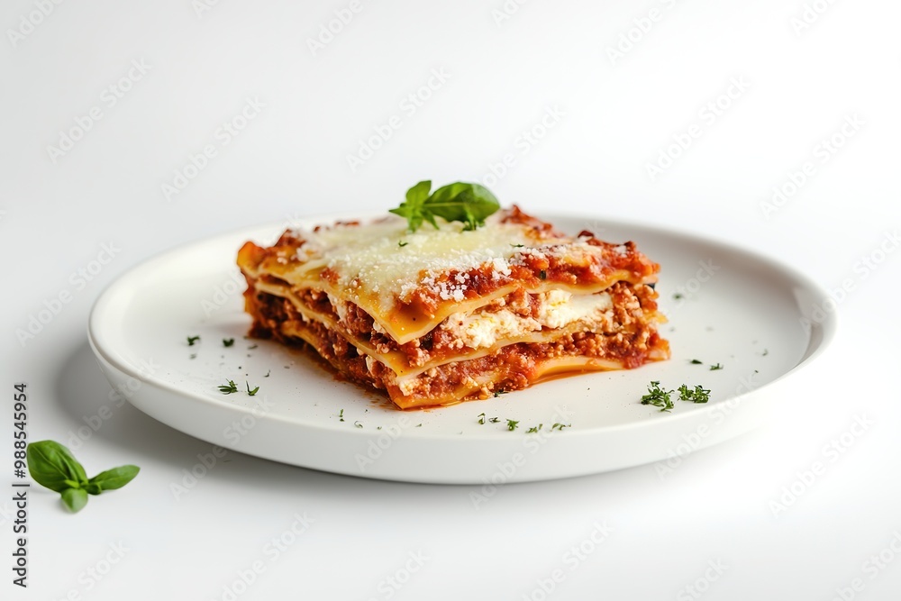 Homemade lasagna on white plate, garnished with basil Homemade lasagna on white plate, garnished with basil