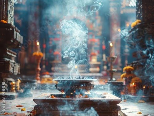 Sharp focus on temple altar offerings with blurred incense smoke and decorations in the background, depth of field, spiritual devotion, ethereal, Overlay, ancient shrine backdrop