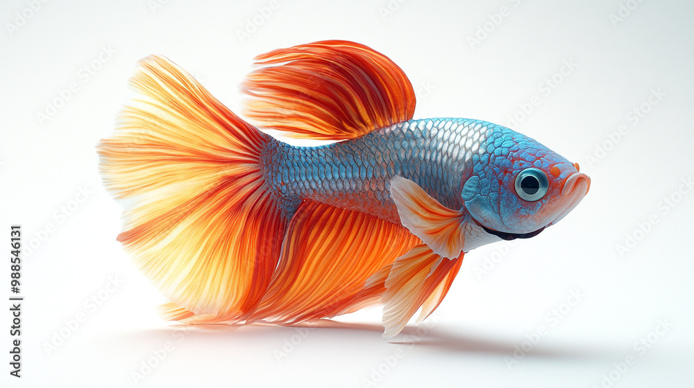 Fototapeta premium A vibrant, flowing betta fish with striking colors showcasing its long fins in a graceful manner against a clean background.