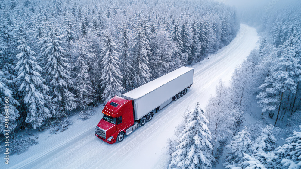 Red semi-truck driving through a snowy forest road surrounded by tall, snow-covered trees in a remote winter landscape, symbolizing transportation during harsh weather conditions Red semi-truck driving through a snowy forest road surrounded by tall, snow-covered trees in a remote winter landscape, symbolizing transportation during harsh weather conditions