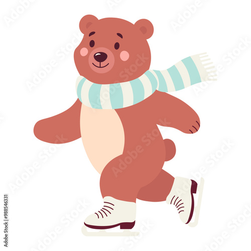 Bear on skates in a fluttering scarf. Vector isolated illustration