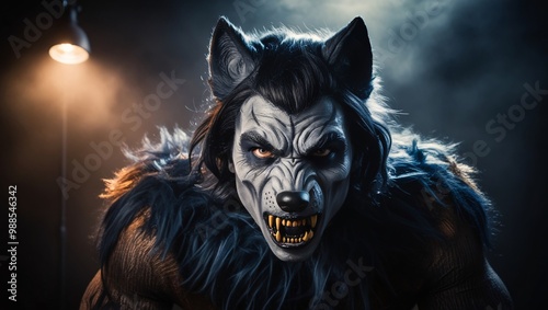 A man in a werewolf costume, with detailed face paint and fur, captured in a low-light portrait that emphasizes the eerie atmosphere of Halloween photo