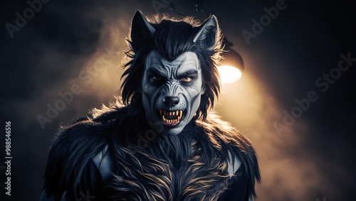 A man in a werewolf costume, with detailed face paint and fur, captured in a low-light portrait that emphasizes the eerie atmosphere of Halloween photo