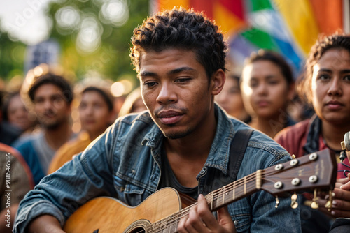 afro boy with spanish guitar in a peaceful protest in the street. concept activist music photo