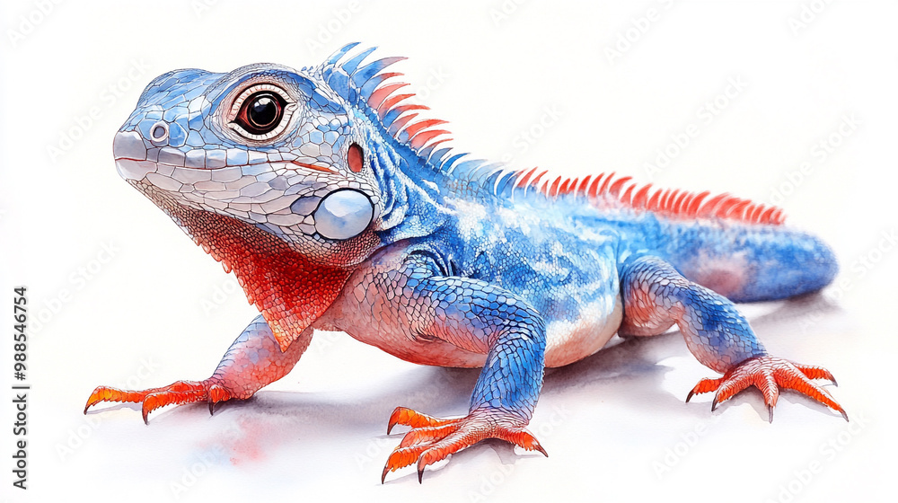 Obraz premium A vibrant blue lizard with red accents poses against a white background, showcasing its unique colors and textures in nature.
