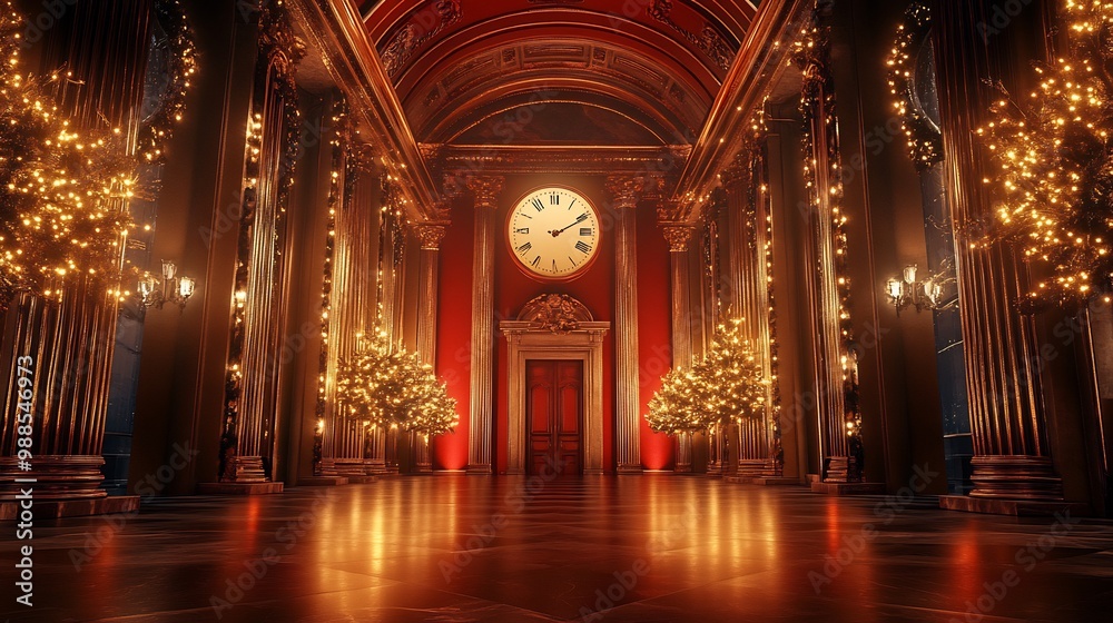 Fototapeta premium New Year celebration background a dramatic red and gold theme showcasing a grand party hall with lavish decorations and a countdown clock