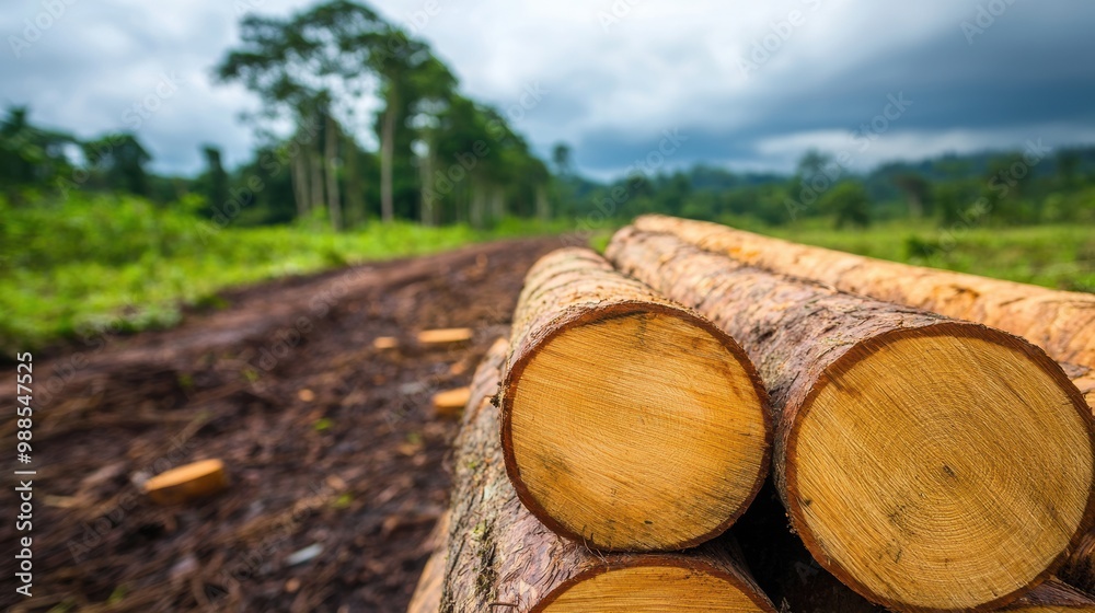 Freshly Cut Logs from Deforestation in Forest A close-up of freshly cut logs in a deforested forest. Highlights the environmental impact of logging and forest depletion Freshly Cut Logs from Deforestation in Forest A close-up of freshly cut logs in a deforested forest. Highlights the environmental impact of logging and forest depletion