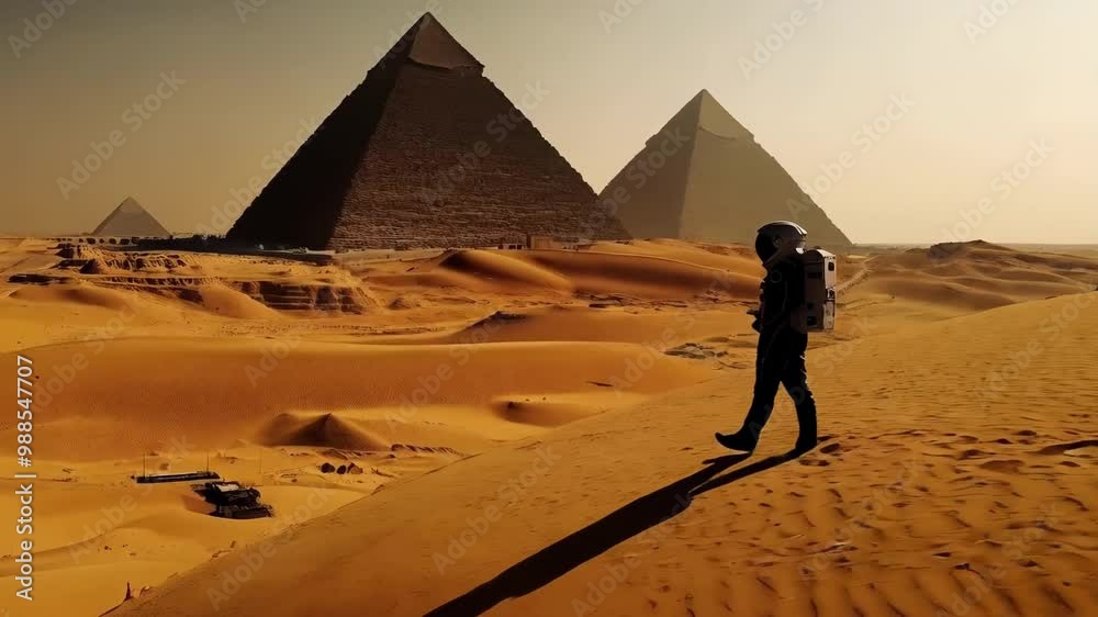 Astronaut exploring the Pyramids of Giza in the early morning light Astronaut exploring the Pyramids of Giza in the early morning light